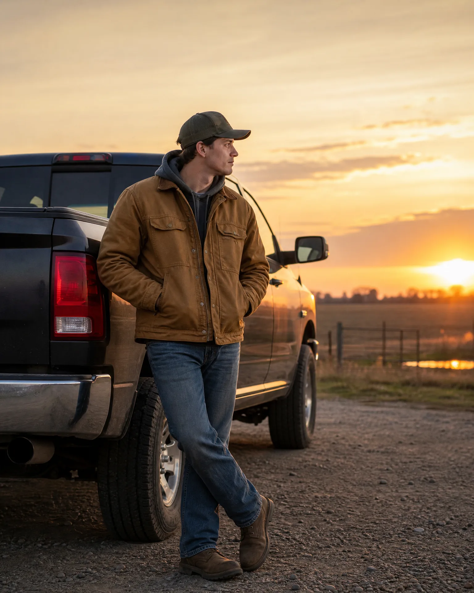 A man in a cap, tan jacket and jeans leans against the rear of a black pickup truck on a gravel road at sunset, with flat fields and a fence in the background.