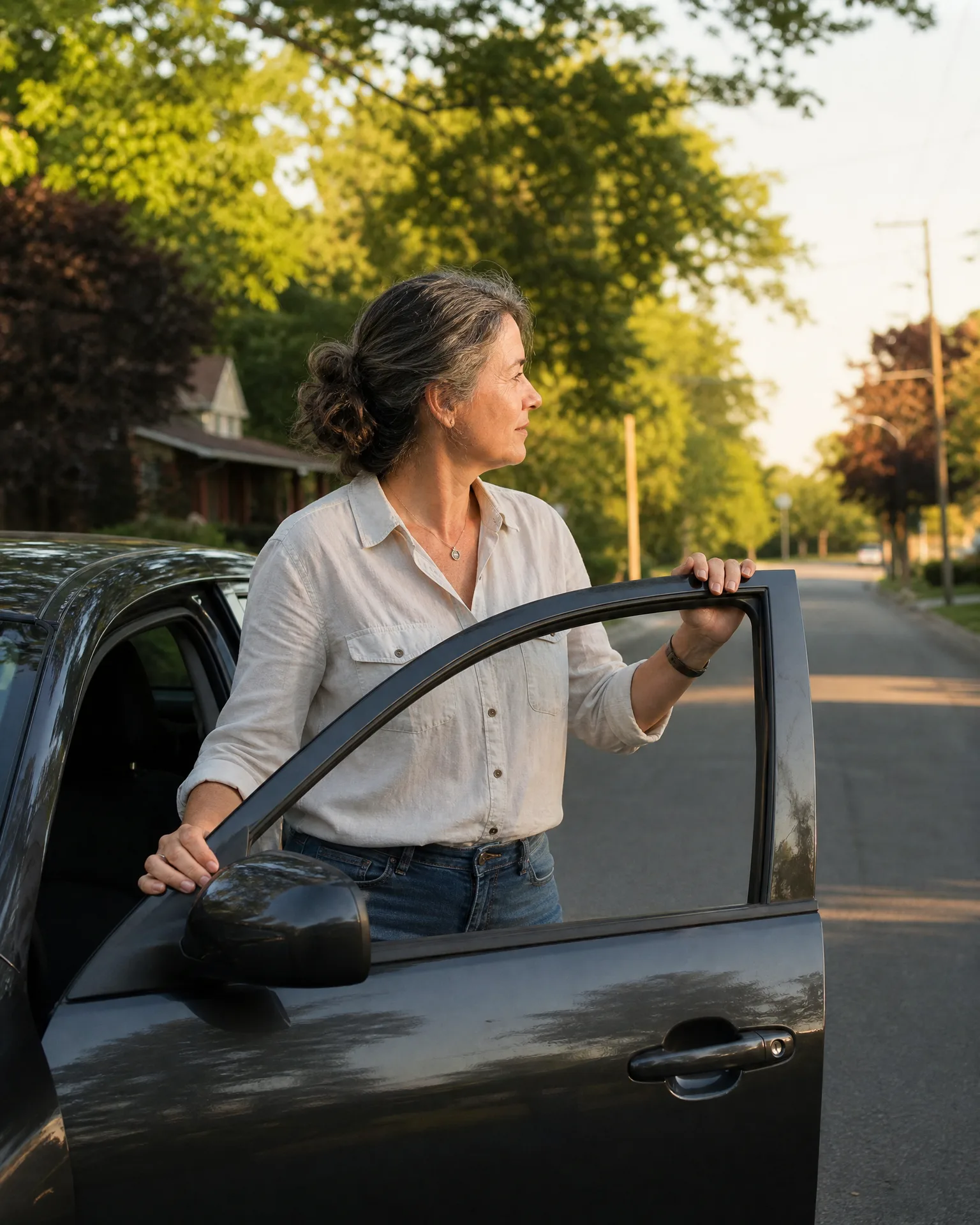 A woman in a light button-up shirt and jeans stands in the open driver's door of a dark car on a tree-lined residential street, looking off to the side in warm low sunlight.