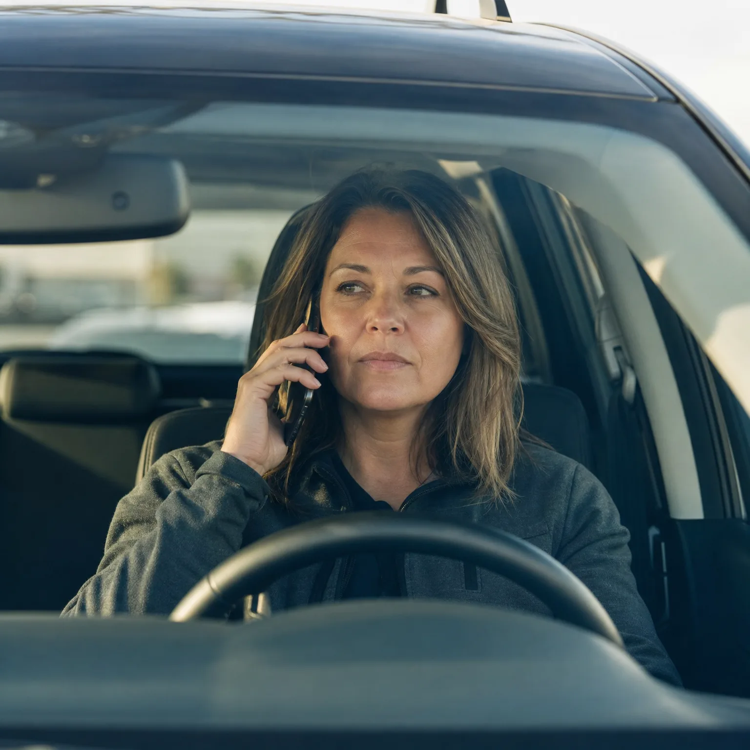 A woman sitting in the driver's seat of a car, holding a phone to her ear and looking out the side window, seen through the windshield.