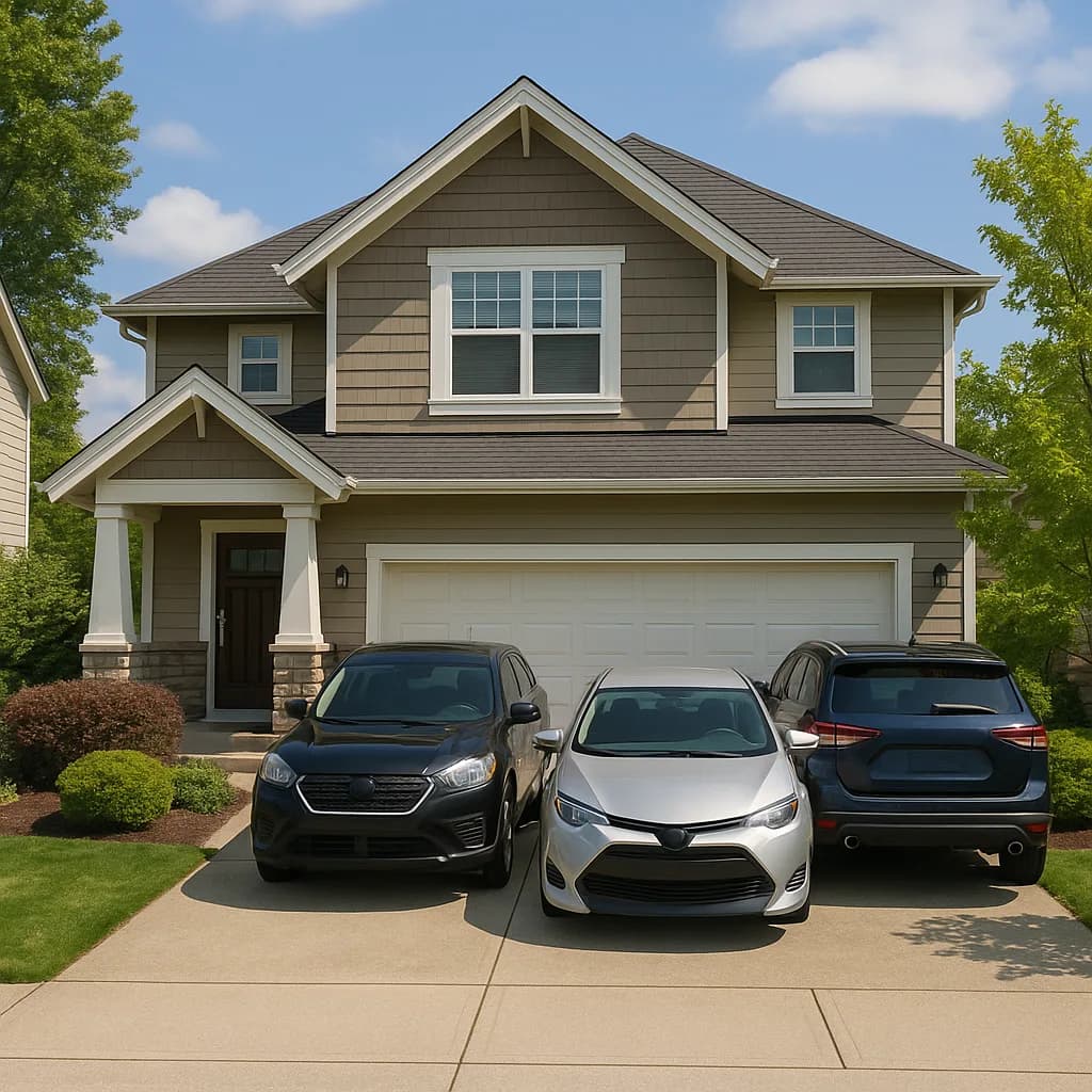 Two-story gray craftsman home with three cars parked in driveway