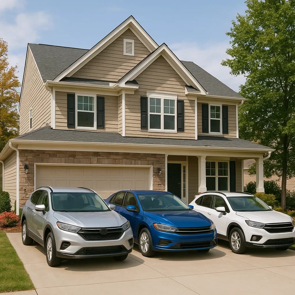 Three SUVs parked in driveway of two-story beige suburban house with black shutters