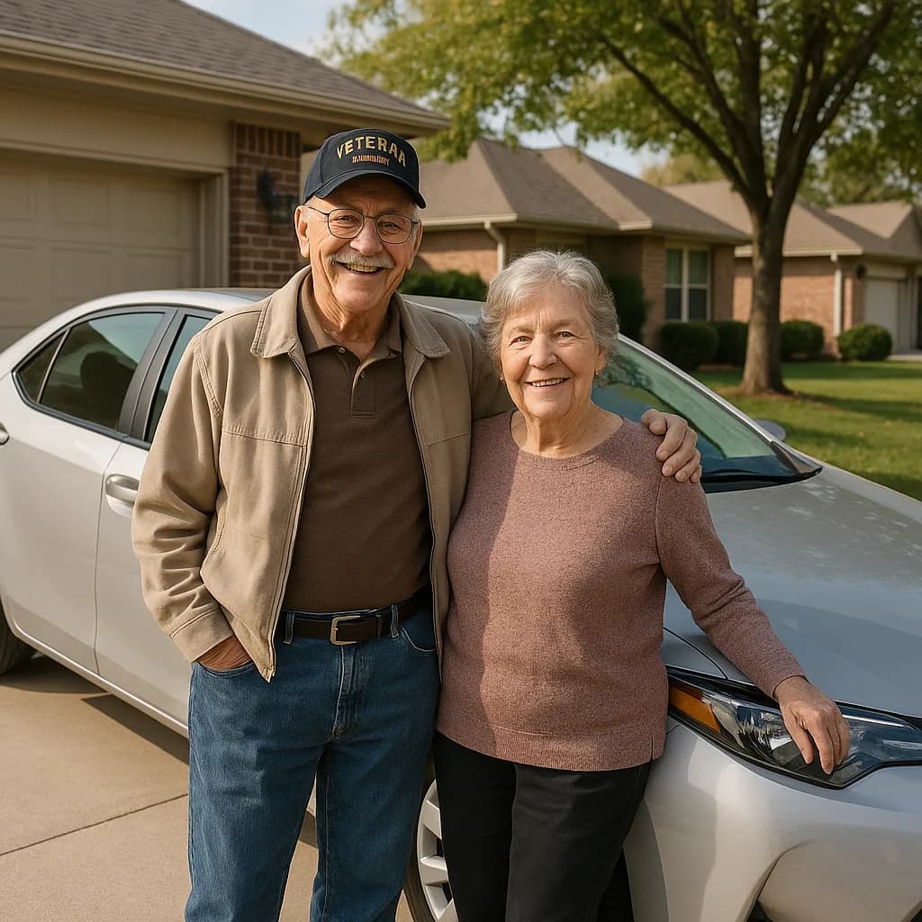 Happy elderly veteran couple posing together in front of their car at home