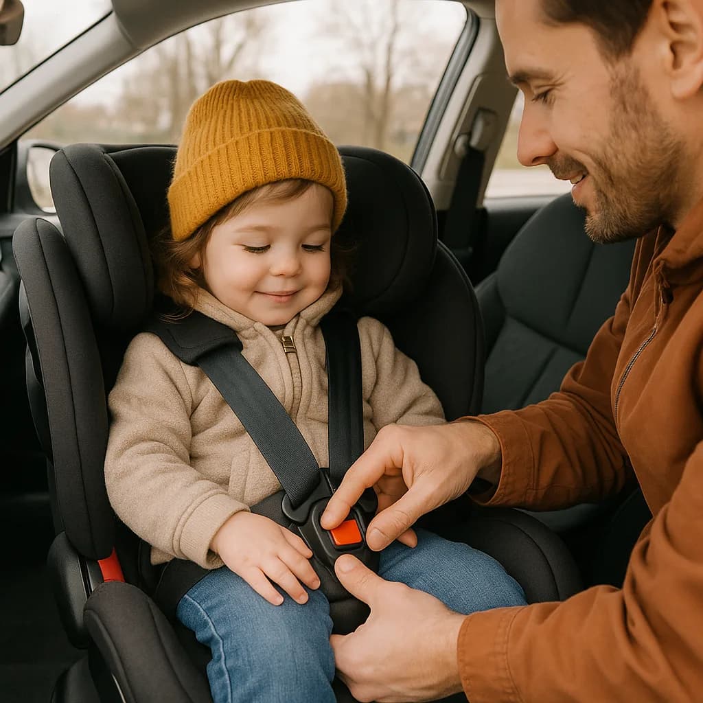 Father buckling young child wearing yellow beanie into black car seat