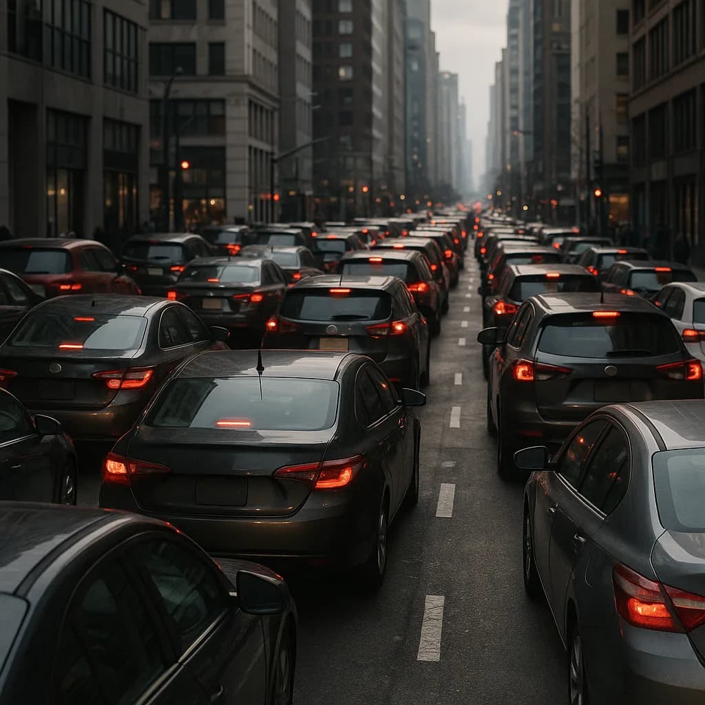Heavy traffic jam with cars showing brake lights on foggy city street surrounded by tall buildings