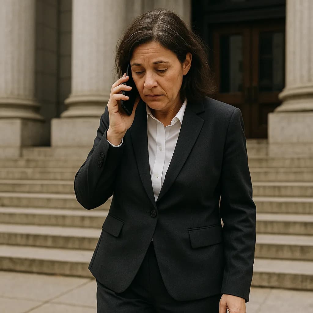Professional woman in business suit talking on phone outside courthouse with stone columns